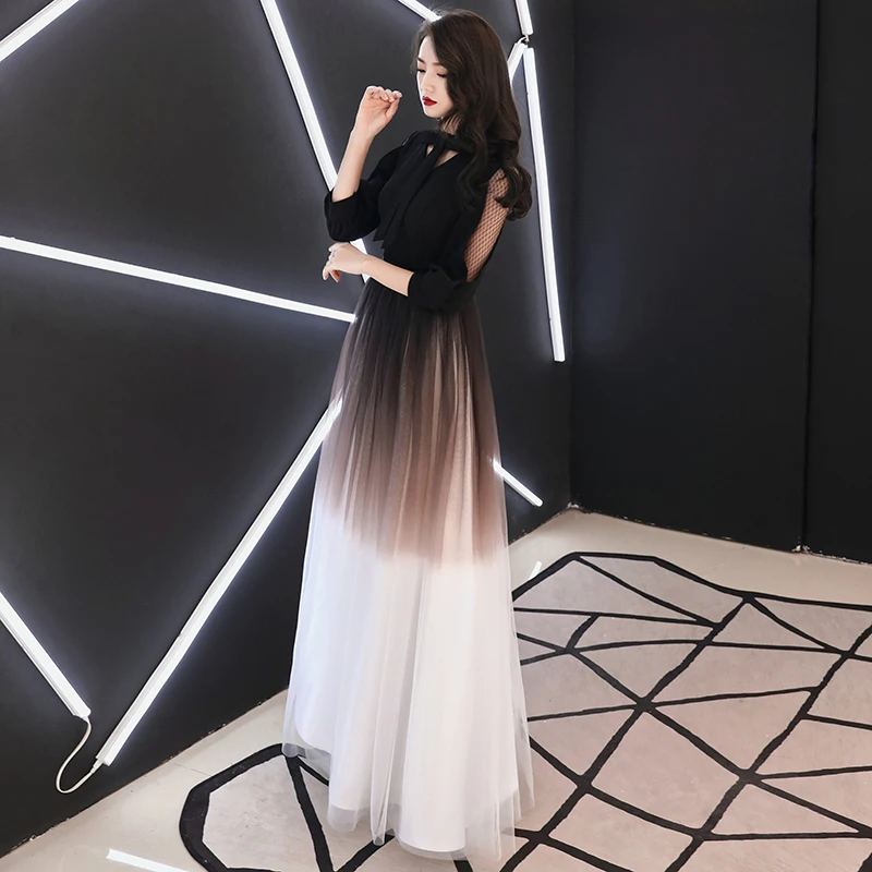 Chic Beautiful Gradient Color Evening Dresses 2019 A Line Princess Bow V  Neck 3 4 Sleeve Floor Length Long Formal Dresses
