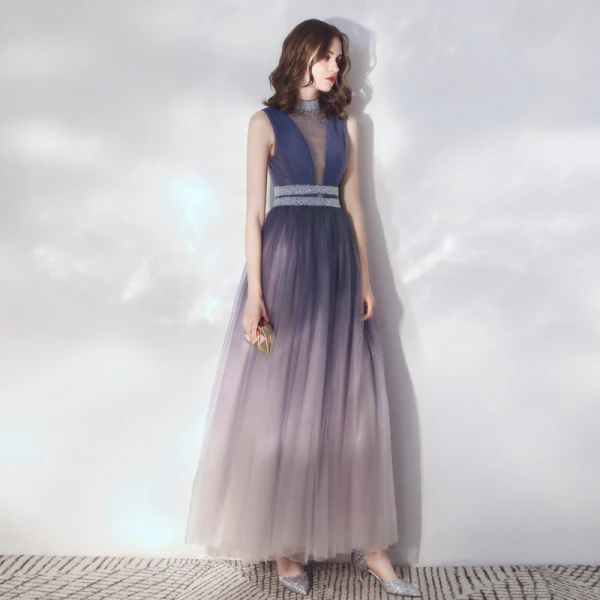 Classy Gradient-Color Evening Dresses  2019 A-Line / Princess Ruffle Sleeveless Rhinestone High Neck Floor-Length / Long Formal Dresses
