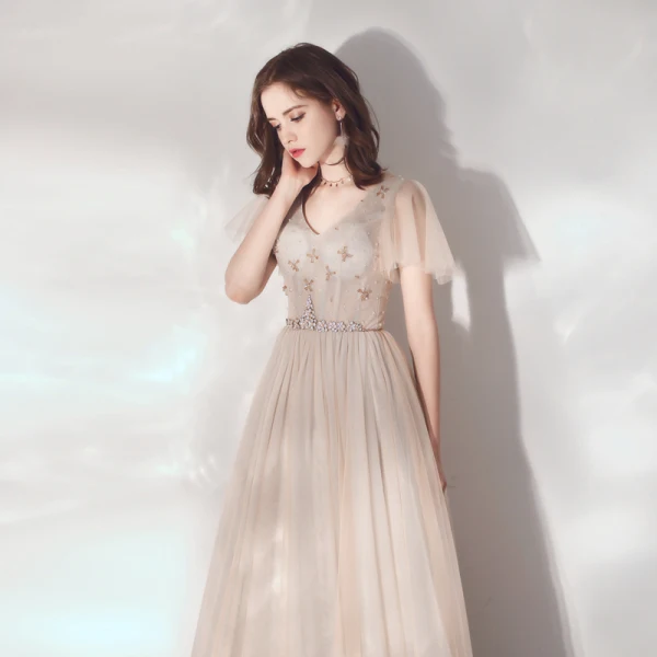 Élégant Champagne Robe De Soirée 2019 Princesse V-Cou Faux Diamant Cristal Manches Courtes Dos Nu Longue Robe De Ceremonie
