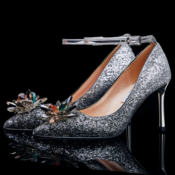 Sparkly Sølv Brudesko 2019 Krystall Paljetter Ankelstropp 9 cm Stiletthæler Spisse Pumps