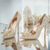 Magnífico Cenicienta Hecho a mano Plata Zapatos de novia 2019 Cuero Crystal Rhinestone 9 cm Stilettos / Tacones De Aguja Punta Estrecha Boda Tacones