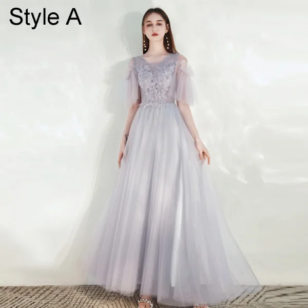 Modest / Simple Grey Bridesmaid Dresses 2021 A-Line / Princess Square Neckline Beading Lace Flower Short Sleeve Backless Floor-Length / Long Wedding Party Dresses