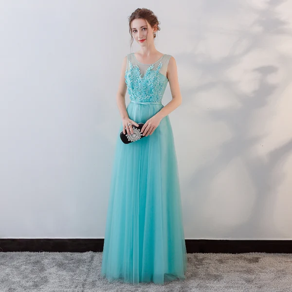 Chic / Beautiful Pool Blue Evening Dresses 2018 A-Line / Princess Lace Flower Appliques Beading Bow Scoop Neck Backless Sleeveless Floor-Length / Long Formal Dresses