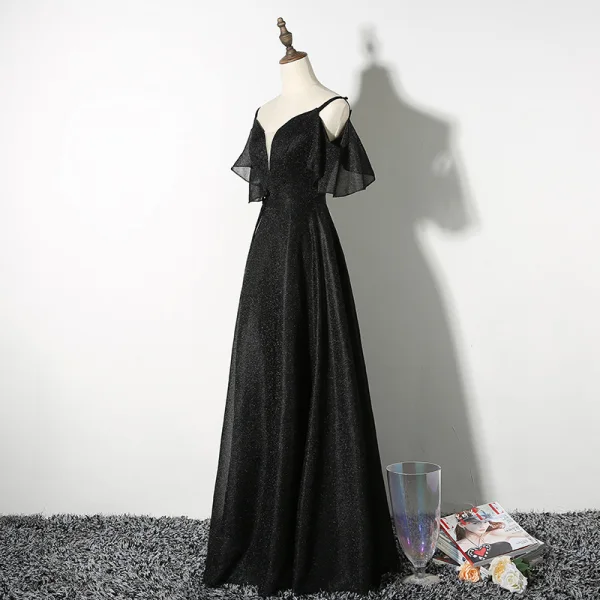 Chic / Beautiful Black Evening Dresses 2019 A-Line / Princess Spaghetti Straps Short Sleeve Backless Floor-Length / Long Formal Dresses