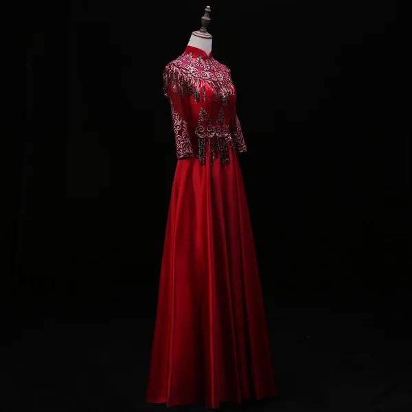 Chinese style Burgundy Evening Dresses 2019 A-Line / Princess High Neck Lace Flower Sequins Tassel 3/4 Sleeve Backless Floor-Length / Long Formal Dresses