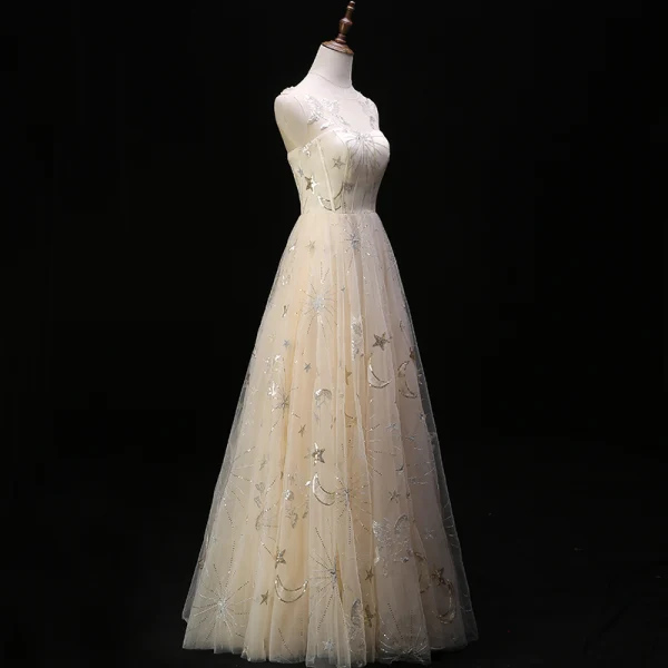 Modern / Fashion Champagne Evening Dresses  2019 A-Line / Princess Scoop Neck Lace Star Sequins Sleeveless Backless Floor-Length / Long Formal Dresses