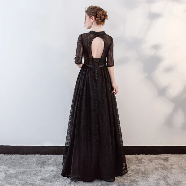 Modern / Fashion Black Evening Dresses  2018 A-Line / Princess Beading Bow Lace V-Neck Backless Pierced 1/2 Sleeves Floor-Length / Long Formal Dresses