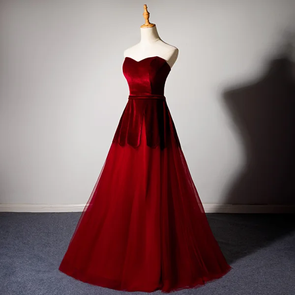 Chic / Beautiful Burgundy Evening Dresses 2019 A-Line / Princess Suede Spaghetti Straps Sleeveless Floor-Length / Long Evening Party Formal Dresses