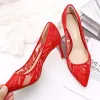 Chic / Beautiful Red Wedding Shoes 2019 Lace Sequins 7 cm Stiletto Heels Pointed Toe Pierced Wedding Pumps