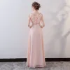 Elegant Pearl Pink Evening Dresses  2018 Empire Lace Appliques Crystal Sash Scoop Neck Backless Sleeveless Floor-Length / Long Formal Dresses
