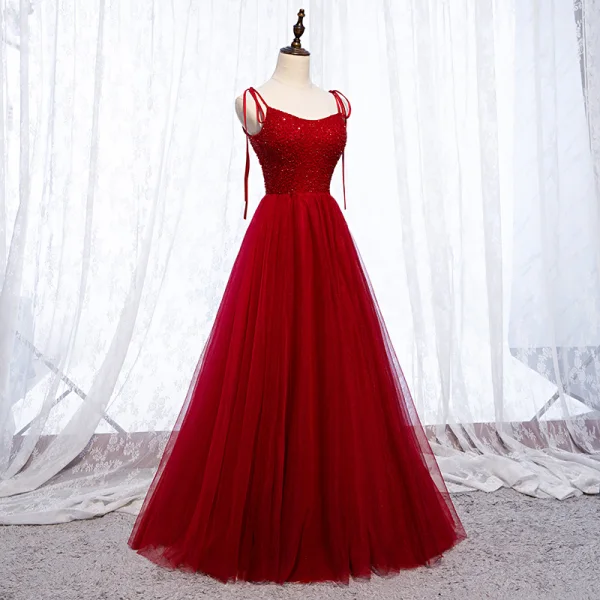 Chic / Belle Bordeaux Robe De Soirée 2019 Princesse Bretelles Spaghetti Noeud Perlage Cristal Sans Manches Dos Nu Longue Robe De Ceremonie