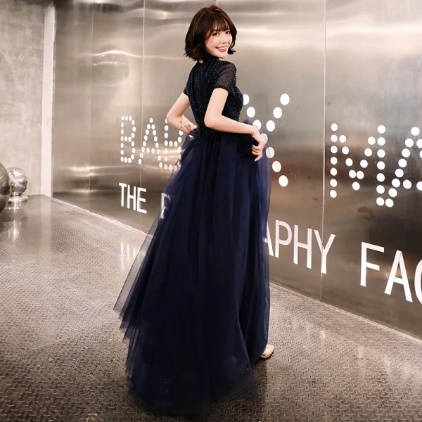 Chinese style Navy Blue Evening Dresses 2019 A-Line / Princess High Neck  Beading Crystal Short Sleeve Floor-Length / Long Formal Dresses