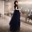 Style Chinois Bleu Marine Robe De Soirée 2019 Princesse Col Haut Perlage Cristal Manches Courtes Longue Robe De Ceremonie