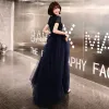 Chinese style Navy Blue Evening Dresses  2019 A-Line / Princess High Neck Beading Crystal Short Sleeve Floor-Length / Long Formal Dresses