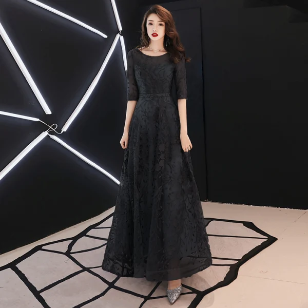 Chic / Belle Océan Bleu Robe De Soirée 2019 Princesse Encolure Dégagée En Dentelle Fleur 1/2 Manches Longue Robe De Ceremonie