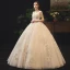 Élégant Champagne Robe De Mariée 2019 Robe Boule V-Cou En Dentelle Fleur Sans Manches Dos Nu Longue