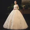 Elegant Champagne Wedding Dresses 2019 Ball Gown V-Neck Lace Flower Sleeveless Backless Floor-Length / Long