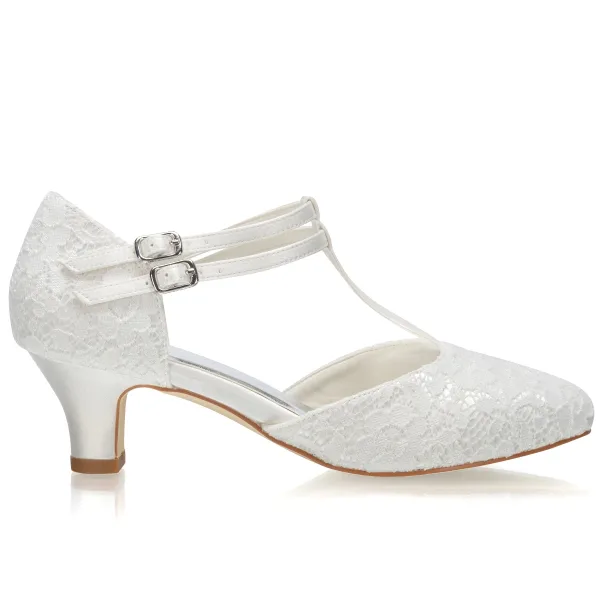 Elegant Ivory Satin Lace Wedding Shoes 2021 T-Strap 5 cm Thick Heels Pointed Toe Wedding High Heels