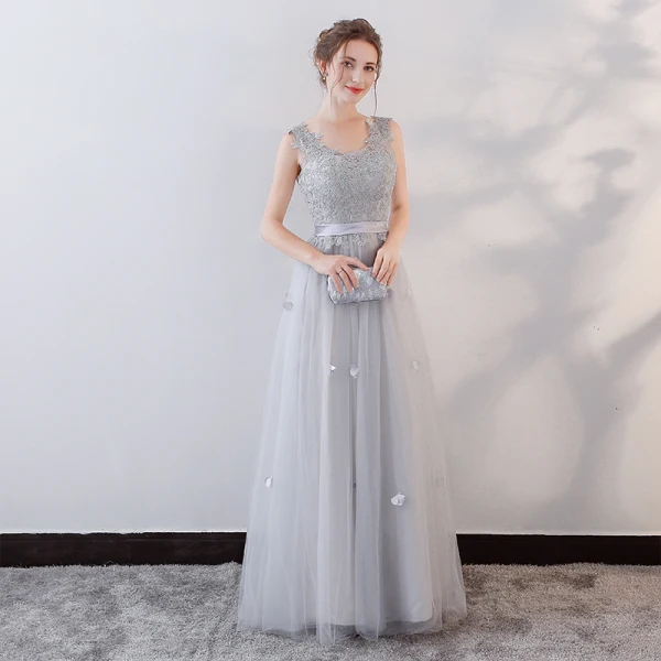 Élégant Gris Robe De Soirée 2018 Princesse Cristal En Dentelle Fleur Appliques Ceinture V-Cou Dos Nu Sans Manches Longue Robe De Ceremonie