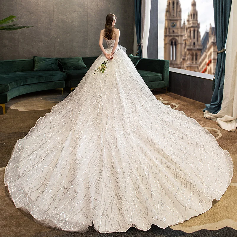 Classy Ivory Wedding Dresses 2019 A-Line / Princess Strapless Lace Star Sequins Sleeveless Backless Royal Train Classy Ivory Wedding Dresses 2019 A-Line / Princess Strapless Lace Star Sequins Sleeveless Backless Royal Train