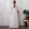 Modest / Simple Ivory Wedding Dresses 2019 A-Line / Princess Bow Spaghetti Straps Sleeveless Backless Floor-Length / Long