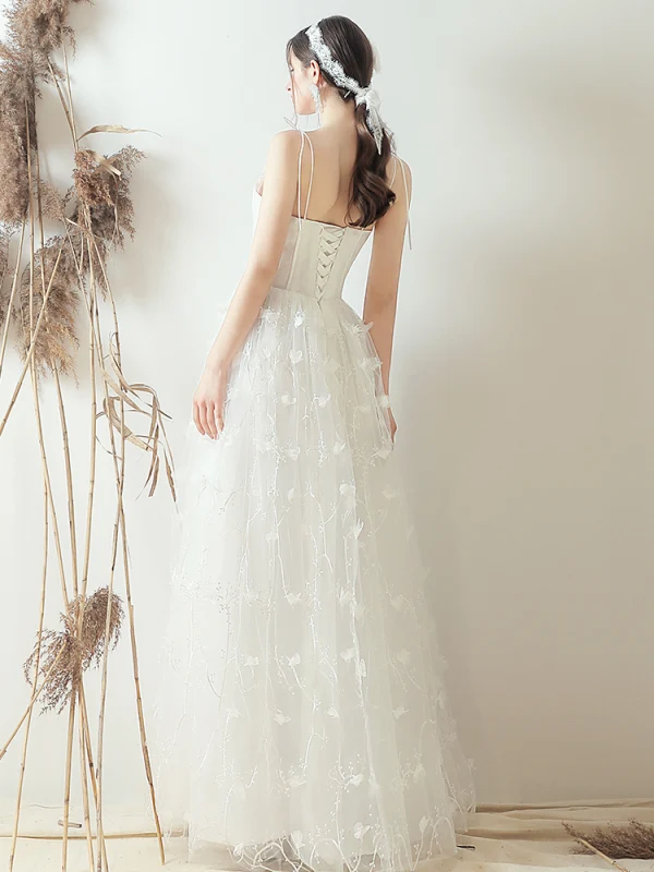 Simple Ivoire Robe De Mariée 2019 Princesse Noeud Bretelles Spaghetti Appliques Sans Manches Dos Nu Longue