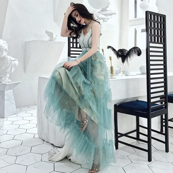 Modern / Fashion Gradient-Color Evening Dresses 2019 A-Line / Princess Spaghetti Straps Bow Sleeveless Backless Floor-Length / Long Formal Dresses