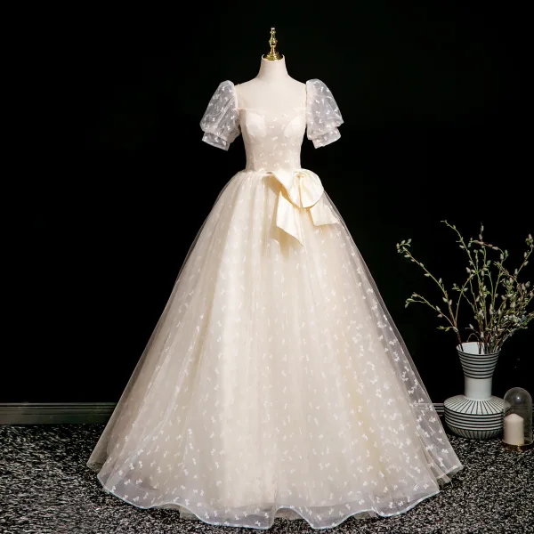 Elegant Champagne Printing Prom Dresses 2025 Ball Gown Square Neckline Bow Puffy Short Sleeve Backless Floor-Length / Long Prom Formal Dresses