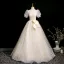 Elegant Champagne Printing Prom Dresses 2025 Ball Gown Square Neckline Bow Puffy Short Sleeve Backless Floor-Length / Long Prom Formal Dresses