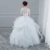 Elegant White Wedding Dresses 2018 Ball Gown Lace Flower Scoop Neck Pierced Cascading Ruffles 1/2 Sleeves Floor-Length / Long Wedding