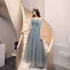 Chic / Beautiful Grey Evening Dresses  2019 A-Line / Princess Spaghetti Straps Beading Appliques Pearl Sequins Short Sleeve Backless Floor-Length / Long Formal Dresses