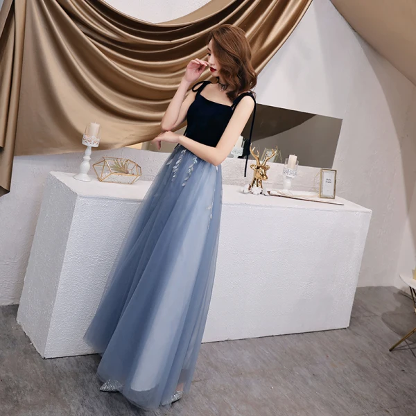 Chic / Belle Bleu Ciel Robe De Soirée 2019 Princesse Bretelles Spaghetti Noeud Paillettes En Dentelle Fleur Sans Manches Daim Dos Nu Longue Robe De Ceremonie