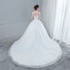 Elegant White Wedding Dresses 2018 Ball Gown Lace Flower Beading Sequins V-Neck Backless Sleeveless Chapel Train Wedding