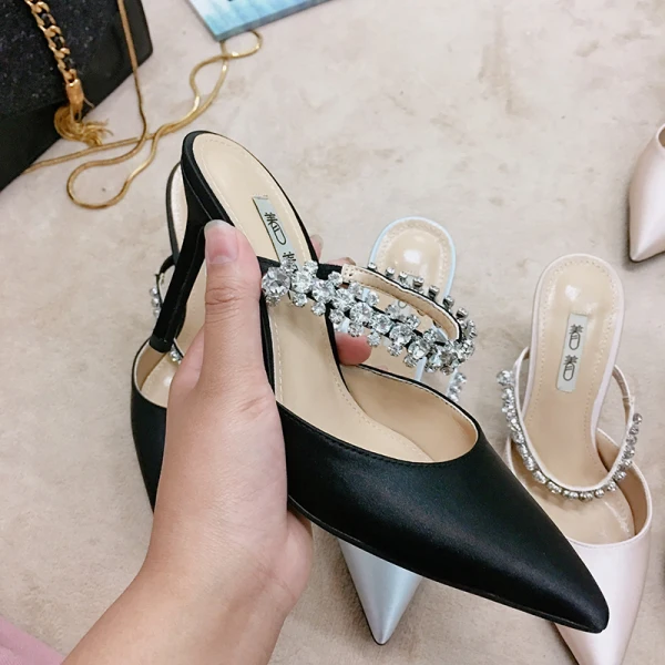 Chic / Beautiful Silver Casual Womens Sandals 2019 Leather Satin Rhinestone 9 cm Stiletto Heels Sandals Pointed Toe