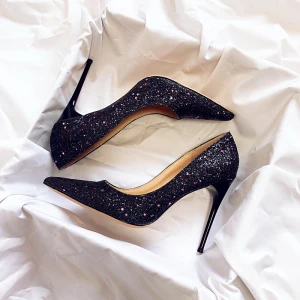 Scintillantes Ciel Étoilé Noire Chaussure De Mariée 2019 Cuir Paillettes 10 Cm Talons Aiguilles À Bout Pointu Mariage Escarpins