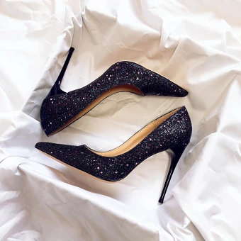 Sparkly Starry Sky Black Wedding Shoes 2019 Leather Sequins 10 Cm Stiletto Heels Pointed Toe Wedding Pumps