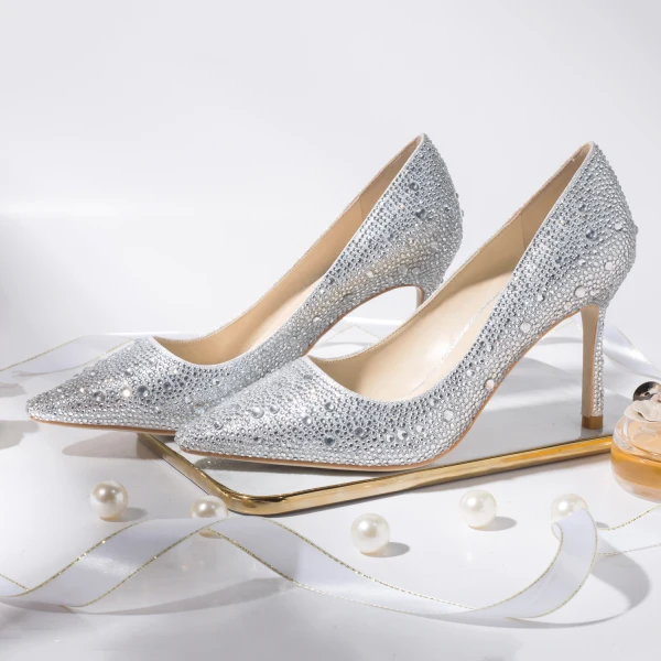 Sparkly Gold Wedding Shoes 2019 Leather Rhinestone 8 cm Stiletto Heels Pointed Toe Wedding Pumps