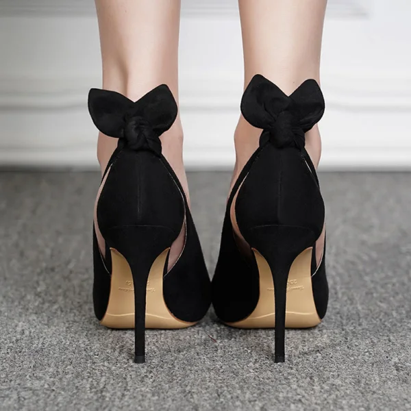 Elegant Black Casual Womens Shoes 2019 Leather Suede Bow 10 cm Stiletto Heels Pointed Toe High Heels