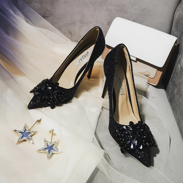 Charming Silver Evening Party Pumps 2019 Leather Crystal Sequins 10 cm Stiletto Heels Pointed Toe Pumps