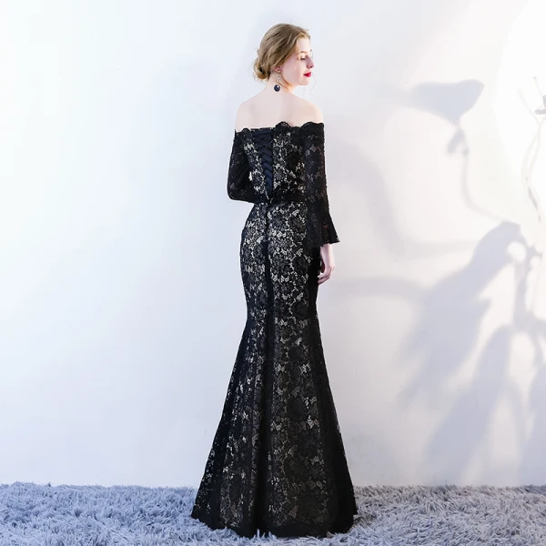 Chic / Beautiful Black Evening Dresses 2018 Trumpet / Mermaid Lace Flower Off-The-Shoulder Backless Long Sleeve Floor-Length / Long Formal Dresses