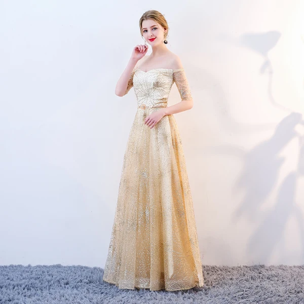 Scintillantes Doré Robe De Soirée 2018 Princesse Glitter Paillettes Métal Ceinture De l'épaule Dos Nu Manches Courtes Longue Robe De Ceremonie