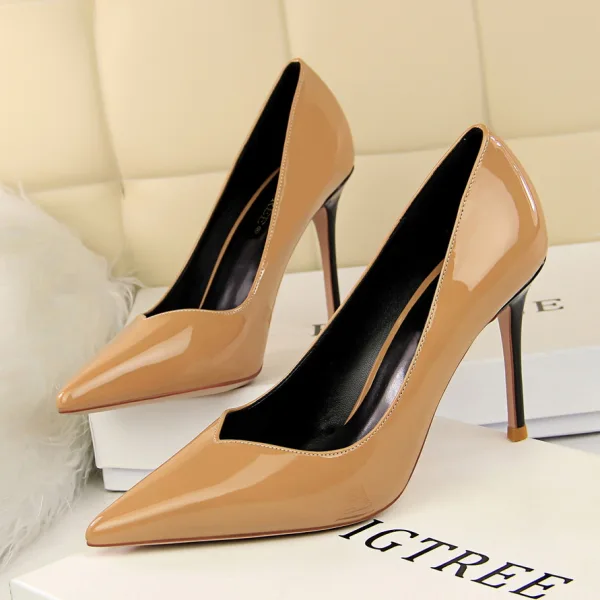 Enkel Svart Kontor Pumps 2019 Patent Lær 9 cm Stiletthæler Spisse Pumps
