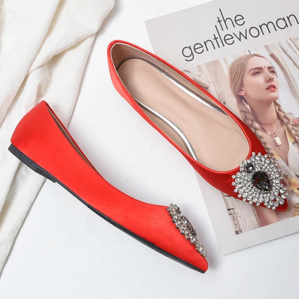 Chic / Belle Rouge Cuir Cristal Chaussure De Mariée 2019 Faux Diamant Plate À Bout Pointu Mariage