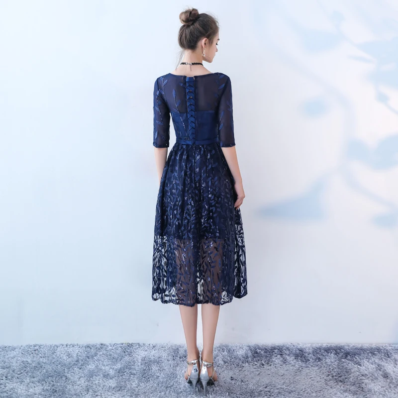 Chic Beautiful Navy Blue Homecoming Graduation Dresses 2018 A Line Princess  Lace Flower Sequins Scoop Neck 3 4 Sleeve Short Formal Dresses
