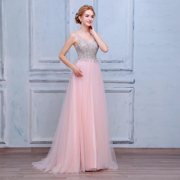 Élégant Rougissant Rose Robe De Bal 2018 Princesse Perlage Paillettes Cristal Perle V-Cou Dos Nu Sans Manches Longue Robe De Ceremonie