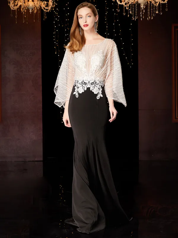 Luxury / Gorgeous Black Evening Dresses 2019 Trumpet / Mermaid Scoop Neck Beading Lace Flower Long Sleeve Backless Sweep Train Formal Dresses