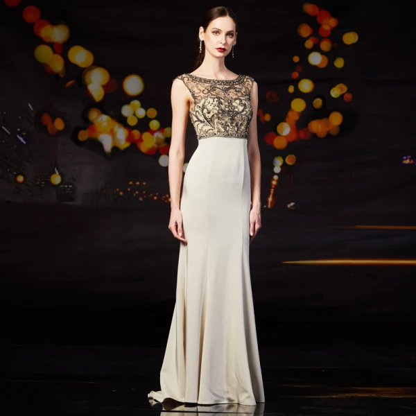 Classy Champagne Evening Dresses  2019 A-Line / Princess Scoop Neck Beading Rhinestone Pearl Sleeveless Backless Floor-Length / Long Formal Dresses