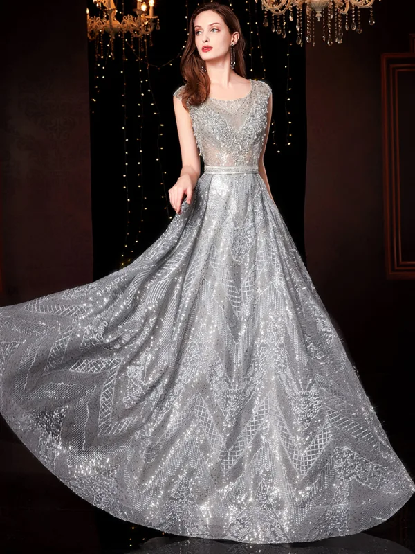 Luxury / Gorgeous Silver Evening Dresses  2019 A-Line / Princess Scoop Neck Lace Sequins Sleeveless Backless Floor-Length / Long Formal Dresses
