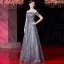 Luxury / Gorgeous Grey Evening Dresses  2019 A-Line / Princess Scoop Neck Beading Rhinestone Lace Flower Short Sleeve Floor-Length / Long Formal Dresses