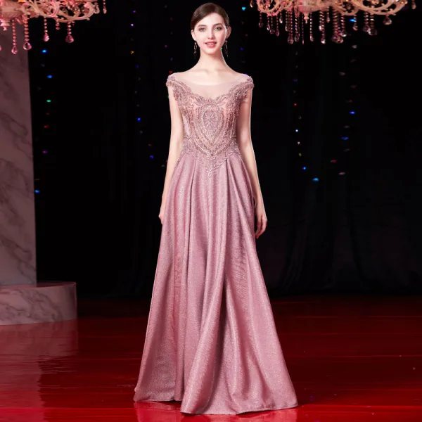 Luxury / Gorgeous Candy Pink Evening Dresses  2019 A-Line / Princess Scoop Neck Beading Tassel Pearl Lace Flower Crystal Cap Sleeves Floor-Length / Long Formal Dresses